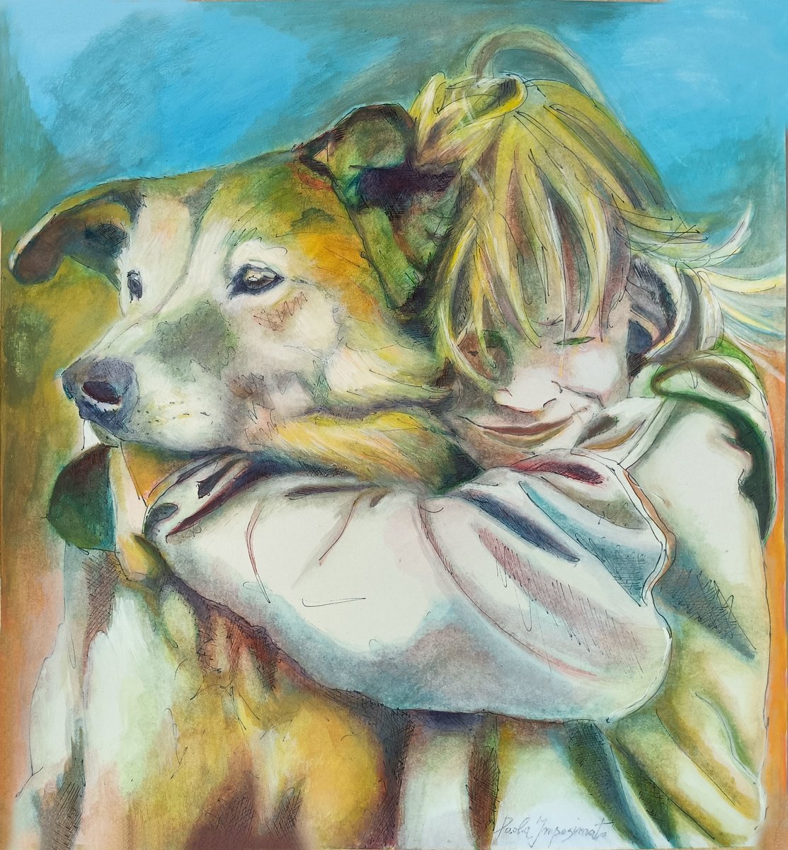 Expressive Animal Acrylic Painting By Paola Imposimato, 14 X 16", Big Friends, Original Artwork