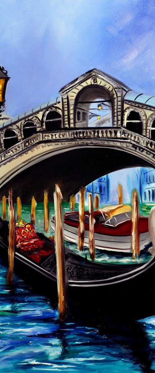 Gondolas at the Rialto Bridge in Venice by Ruslana Levandovska