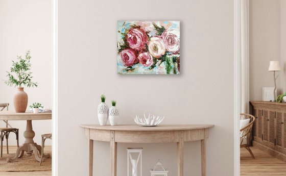 Pink Roses Painting Abstract Floral Original Art Impasto Flower Artwork, 70x60 cm, ready to hang.