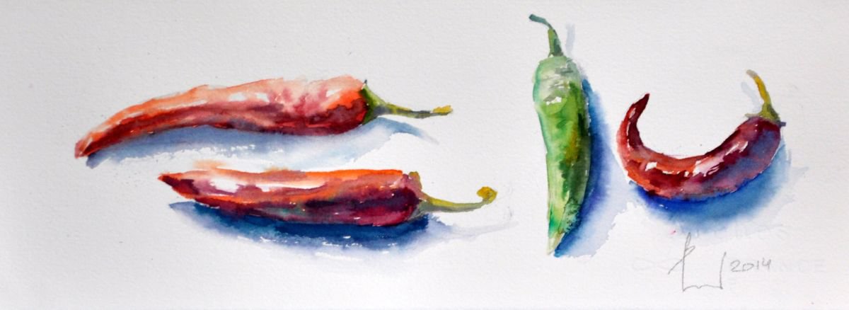 4 PEPPERS original watercolour 37x13 by Beata van Wijngaarden