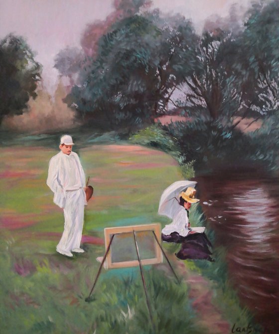 Figures and nature landscape with Lady and Artist by the river