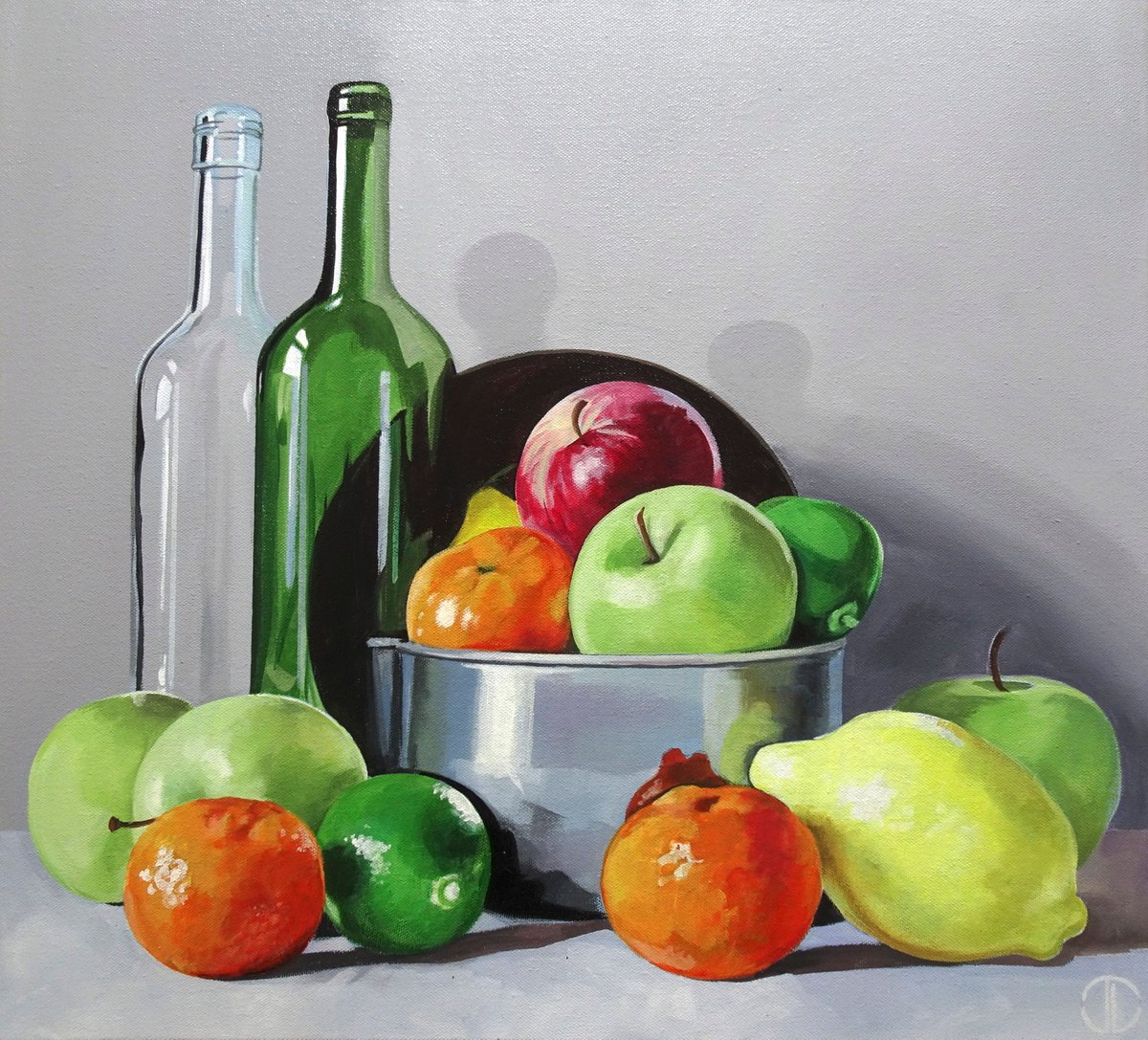 Photorealistic Still Life Acrylic Painting By Joseph Lynch, 22 X 20, Mixed Fruit And Glass, Original Artwork