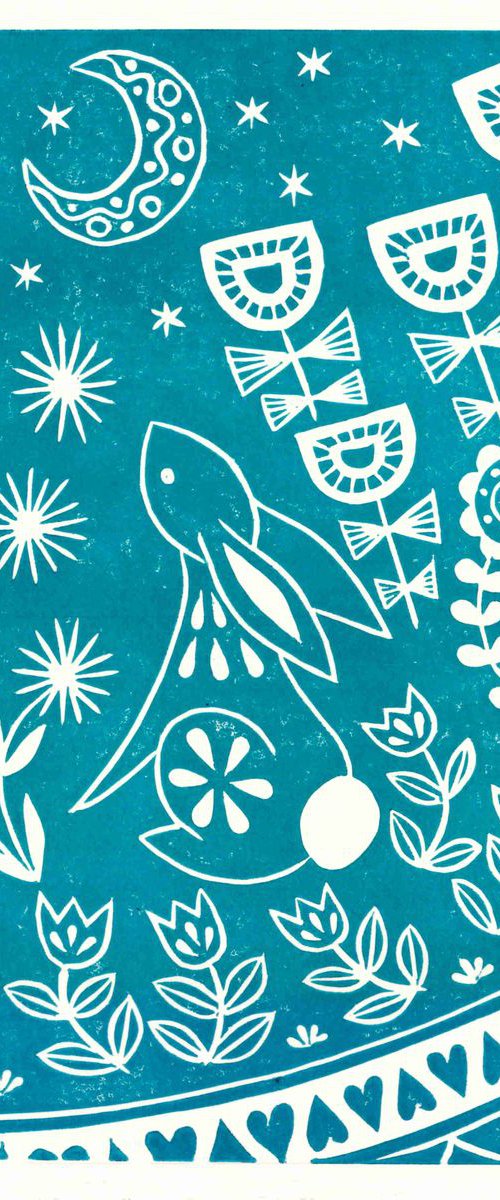 Evelyn Bunny in teal, limited edition, Scandinavian Folk art, linocut print by Katie Farrell