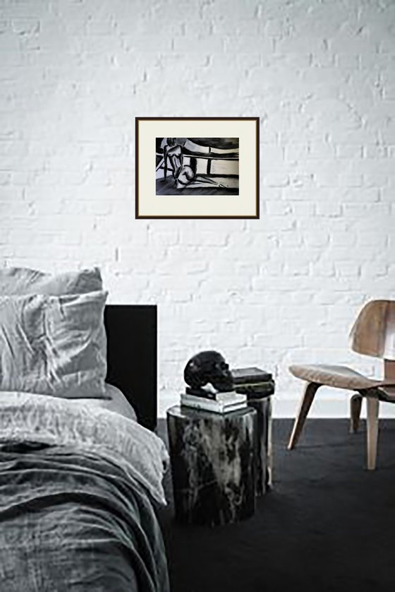 Nude Painting Woman Original Art Female Sitting Nude Black Monochrome Watercolor Painting Home Wall Art 20 by 14" by Halyna Kirichenko