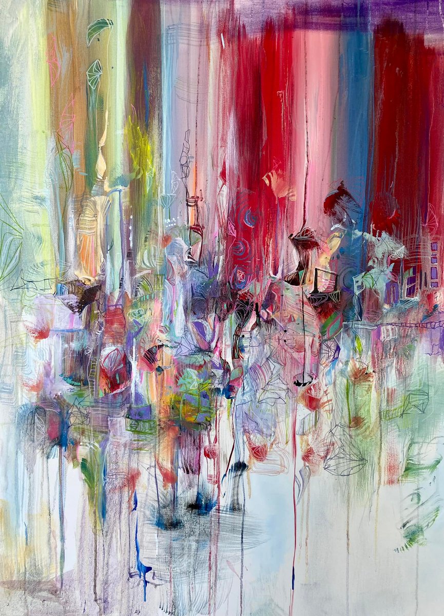 Organic Abstract Acrylic Painting By Samah Kthar, 36 X 48", Nostalgia, Original Artwork