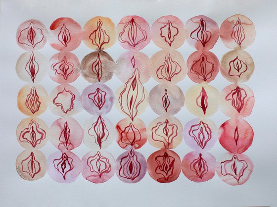Feministic watercolor illustration with different vulvas