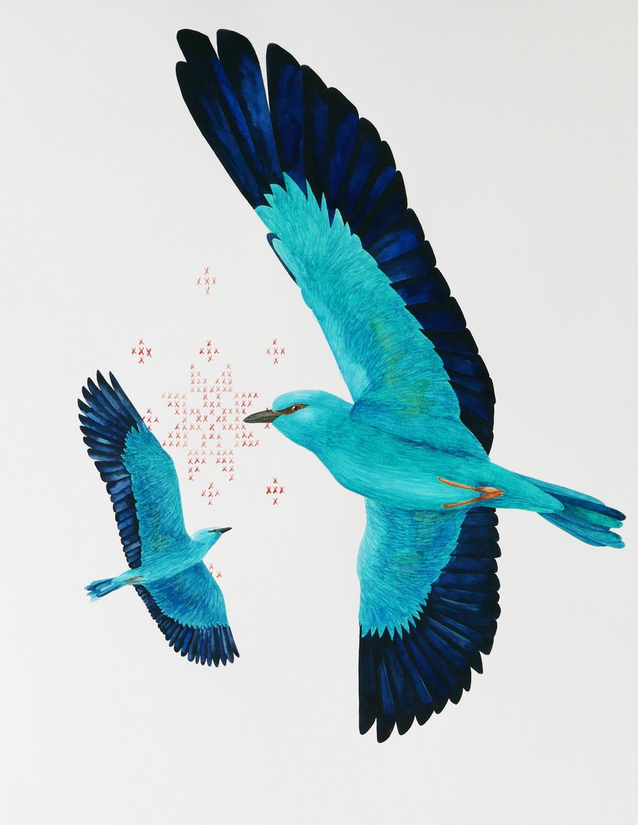 Illustrative Animal Watercolour By Karina Danylchuk, 20 X 26", Re:connection - 2 European Rollers Meet Each Other, Artfinder