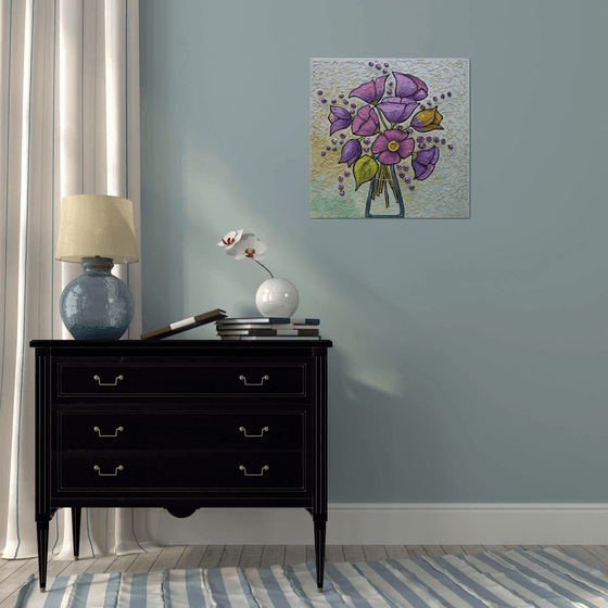 Purple Tulips Painting, Bouquet of Flowers, Modern Textured Floral Art