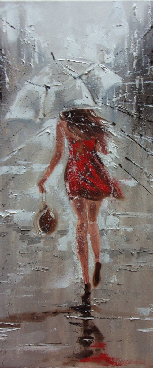 " SUMMER IN THE RAIN "  for street spring summer original painting CITY palette knife GIFT by Monika Luniak