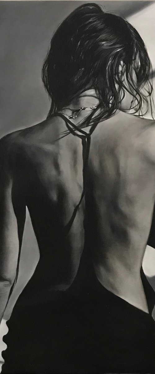 stylish black and white oil painting in white with a woman Grace 85*55 cm by Irina Ivlieva