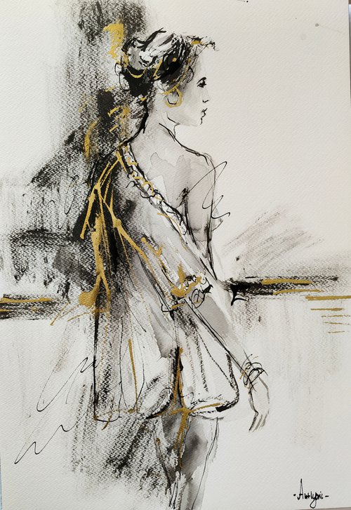 Woman ink drawing series-Figurative drawing on paper by Antigoni Tziora