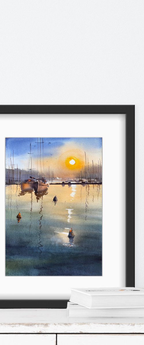Sunset at Marina - original seascape watercolor by Anna Boginskaia