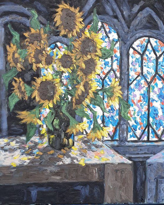 Sunflowers beside stained glass window III