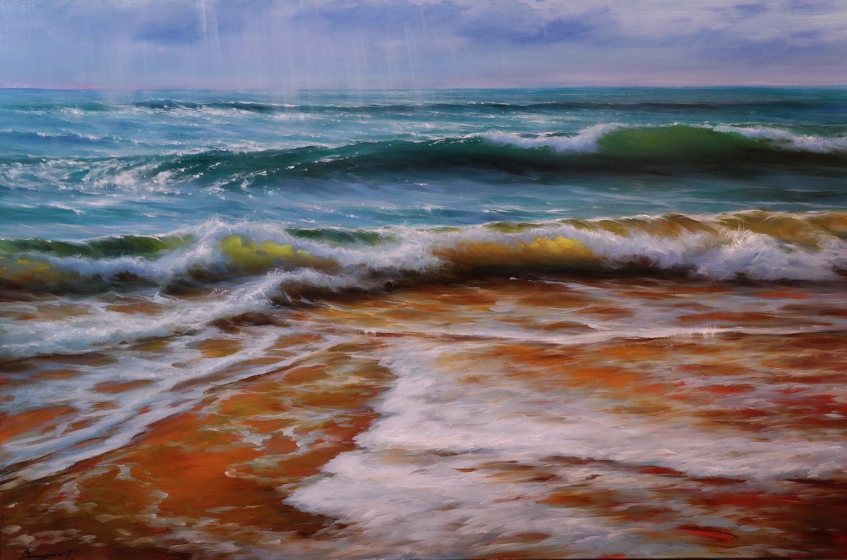 Impressionistic Landscape Oil Painting By Gennady Vylusk, 35 X 24, Seascape, Original Artwork