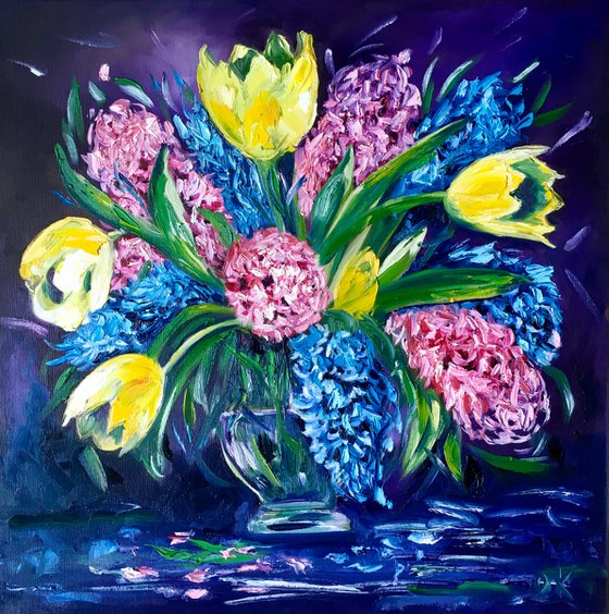 Bouquet of tulips and hyacinths,  FLOWERS , ORIGINAL OIL PAINTING