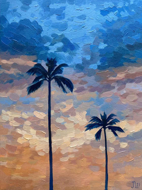 Palms Beach sunset sky clouds the sun's rays small Gift Christmas Beach Art