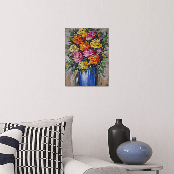 Roses in a blue vase