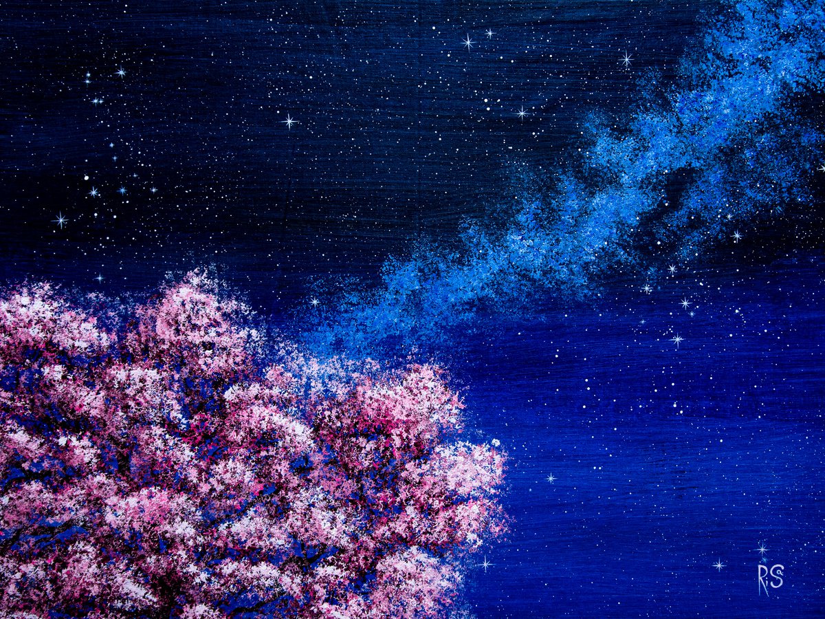 CHERRY NIGHT - sakura blossom, spring bloom, lonely tree under the stars, flowering by Rimma Savina