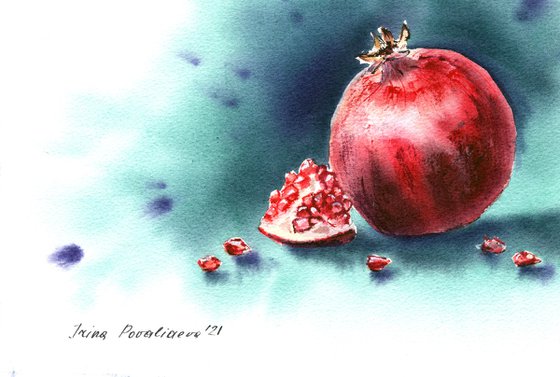 Pomegranate original watercolor painting , fruit artwork , medium format , red and green , gift idea