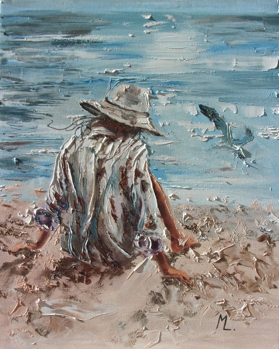 " POSTCARD  FROM HOLIDAYS " SEA original painting palette knife GIFT MODERN URBAN ART OFFICE ART DECOR HOME DECOR GIFT IDEA