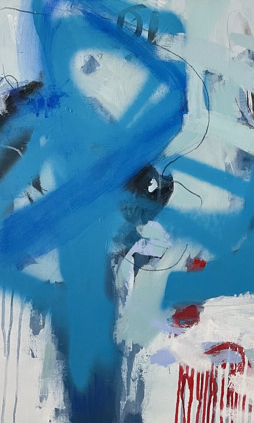 ON MY WAY - 100 x 70 CM - ABSTRACT PAINTING ON CANVAS * BLUE * WHITE by Jani Vallentimi