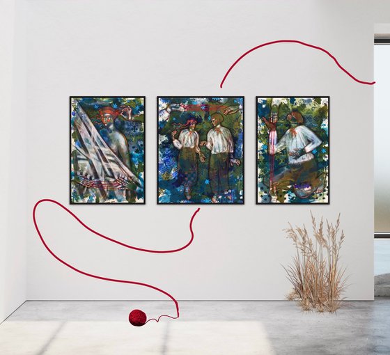 large triptych "Vilna" folk naive contemporary art
