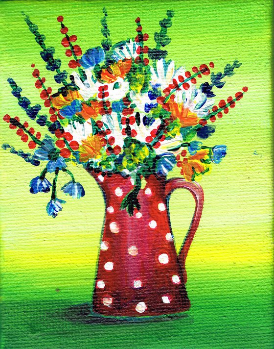 flowers in red pot, original acrylic miniature painting, still life