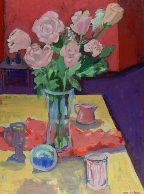 Pink Flowers on Yellow Table by Patty Rodgers