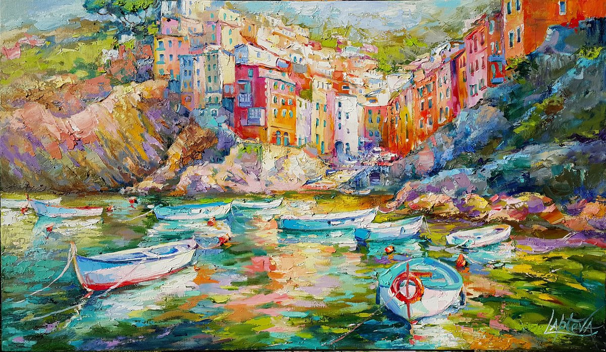 Impressionistic Landscape Oil Painting By Viktoria Lapteva, 38 X 22", Sunny Day In Riomaggiore, Original Artwork