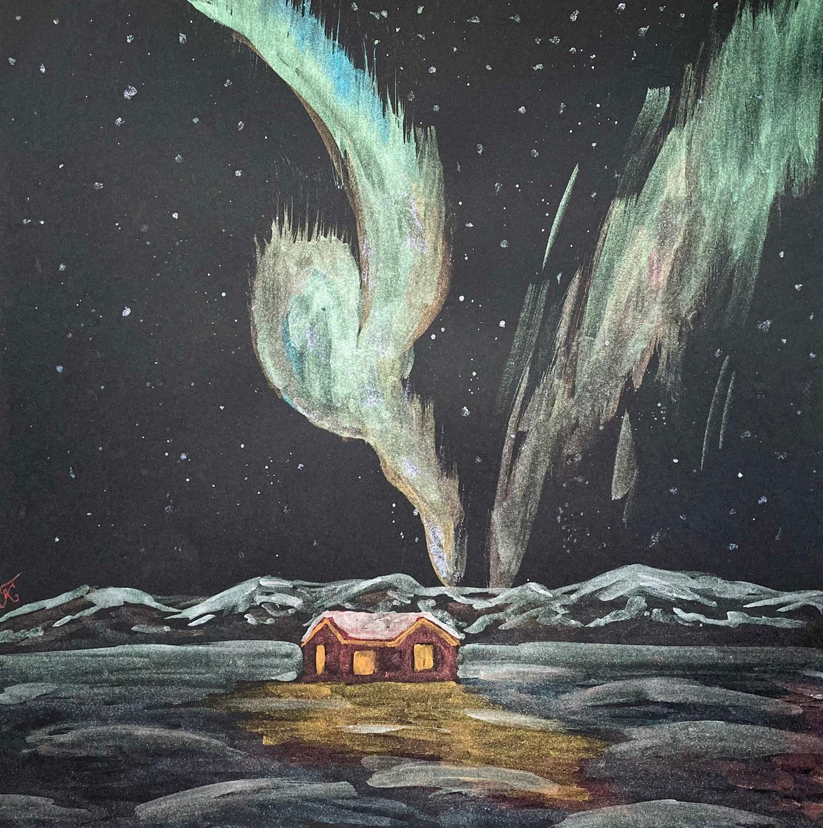 Christmas Watercolor Painting, Aurora Borealis Original Artwork, Metallic Painting, Night... by Kate Grishakova
