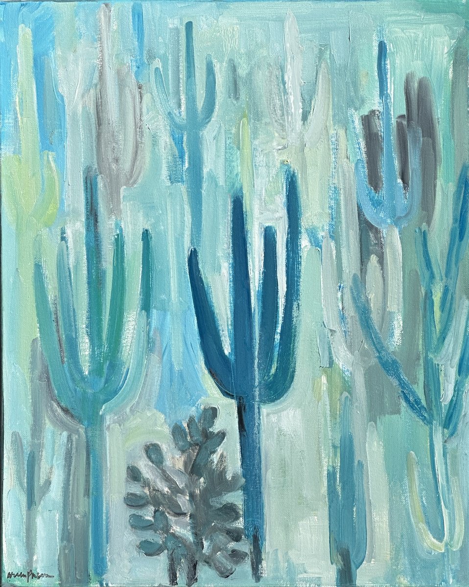 Impressionistic Abstract Oil Painting By Arun Prem, 16 X 20, Aqua Desert, Original Artwork