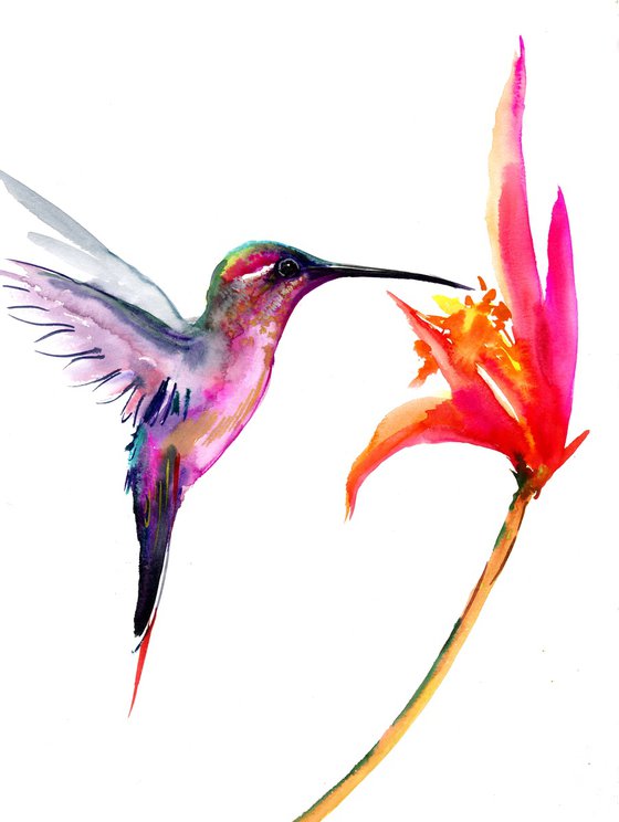 Flying Hummingbird and Flowers