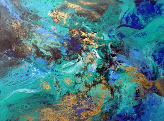 Modern abstract art blue green gold metallic painting ocean colors - Shimmer of the ocean