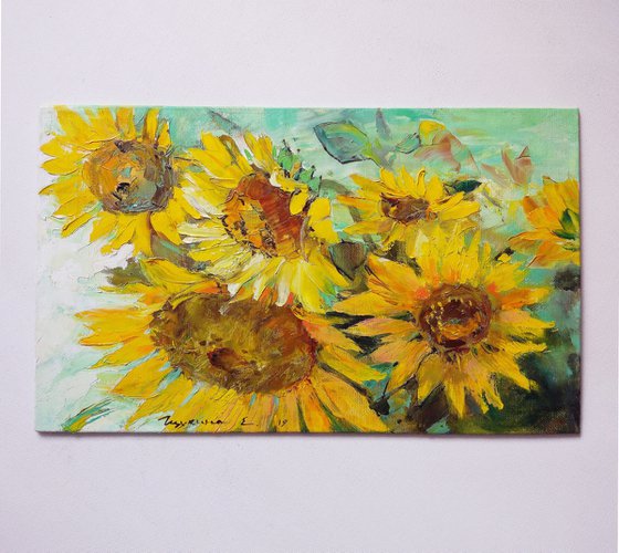 Sunflowers on the green. Etude. Original oil painting