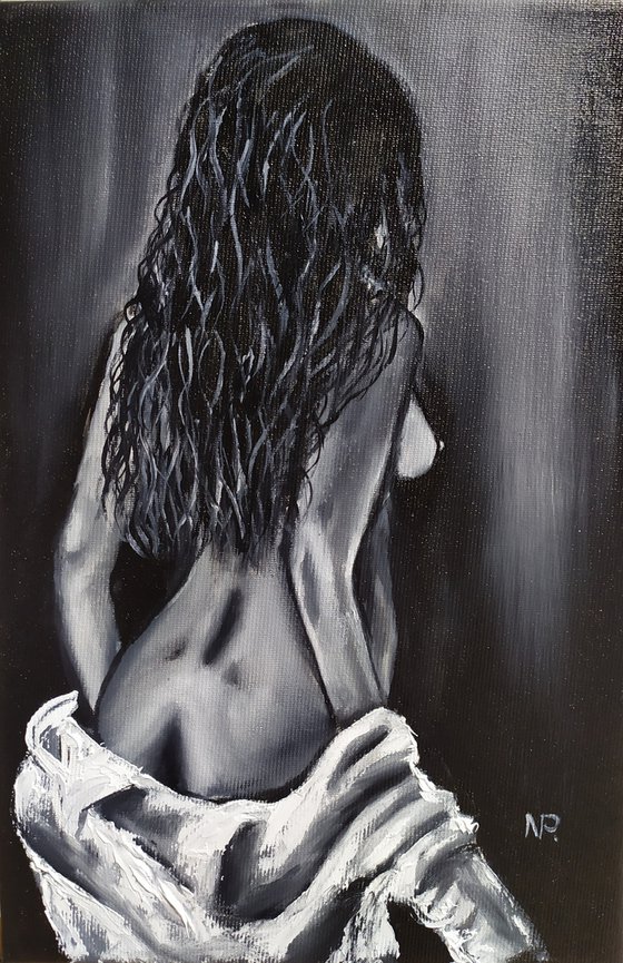 Let her go, nude erotic black and white oil painting, gift idea, art for sale