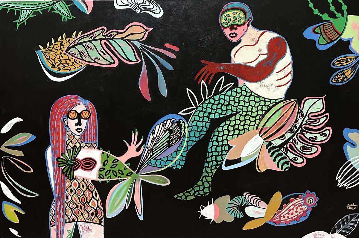 Surrealistic Portrait Acrylic Painting By Diana Rosa, 47 X 31, Love Migration, Original Artwork