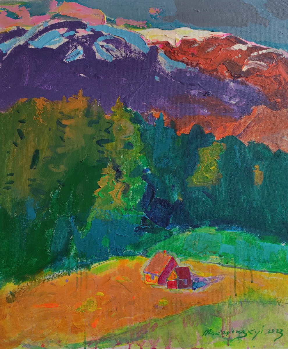 Impressionistic Landscape Acrylic Painting By Pavlo Makedonskyi, 24 X 28", In The Carpathians, Original Artwork