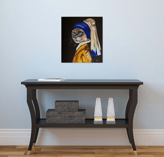 Siamese Cat with the pearl earring. Feline art. Blue eyes. Gift idea for cat lovers