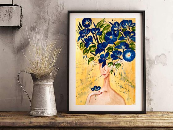 Faceless Painting Woman Original Art Female Portrait Small Watercolor Girl with Blue Flowers Hat Artwork Home Wall Art 12 by 17" by Halyna Kirichenko