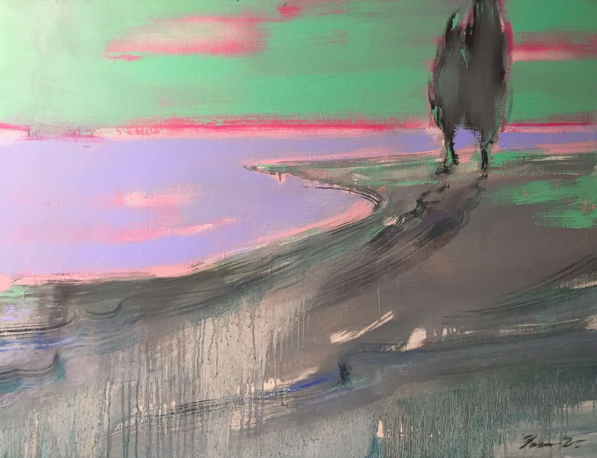 Impressionistic Landscape Oil Painting By Yaroslav Yasenev, 47 X 35", Blue Lake, Original Artwork