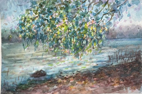 The branch leaning over the river, Ukrainian artwork landscape by Roman Sergienko