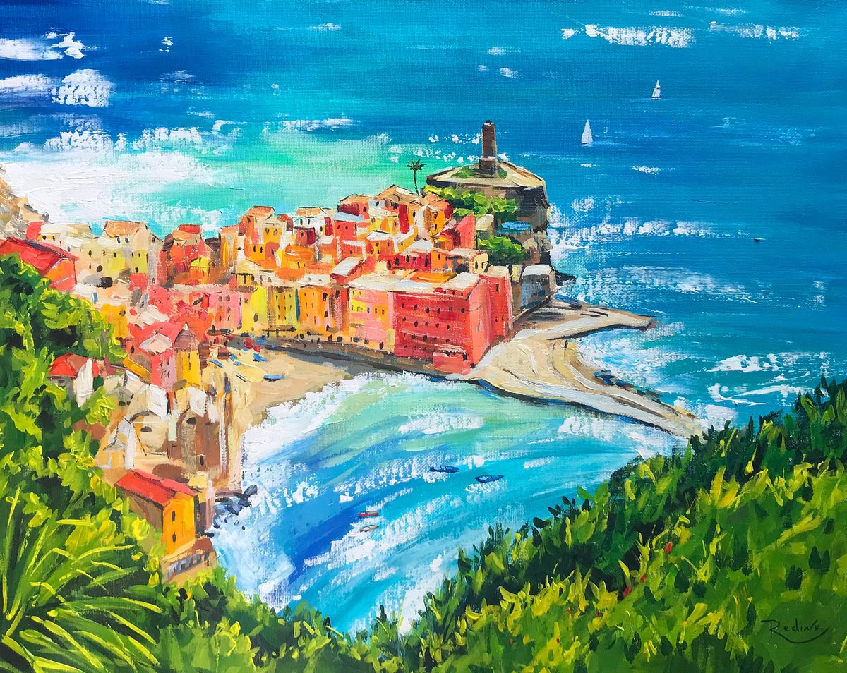 Impressionistic Landscape Acrylic Painting By Irina Redine, 20 X 16, Vernazza, Original Artwork