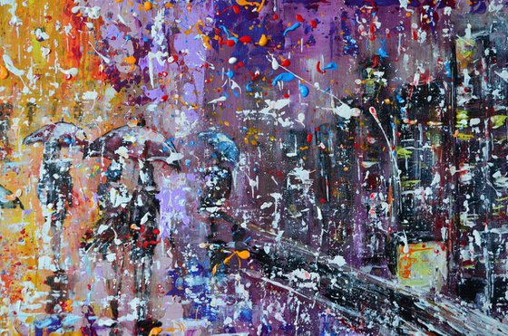 Rainy City - Ready to Hang, Palette knife Modern City Urban art