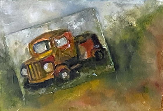 Vintage Old Truck Oil Painting on untempered gessoed masonite 5x7 with easel