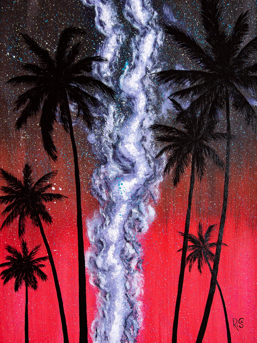 TOUCH THE SKY - 60x80 cm, vibrant sunset sky, red skyline, palm trees, milky way clouds by Rimma Savina