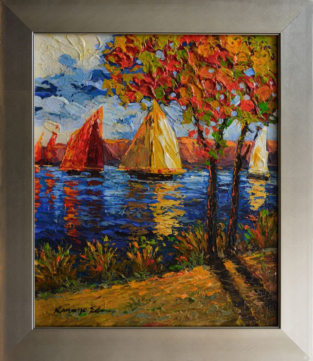 Impressionistic Landscape Oil Painting By Kanayo Ede, 24 X 28", River Boats, Original Artwork