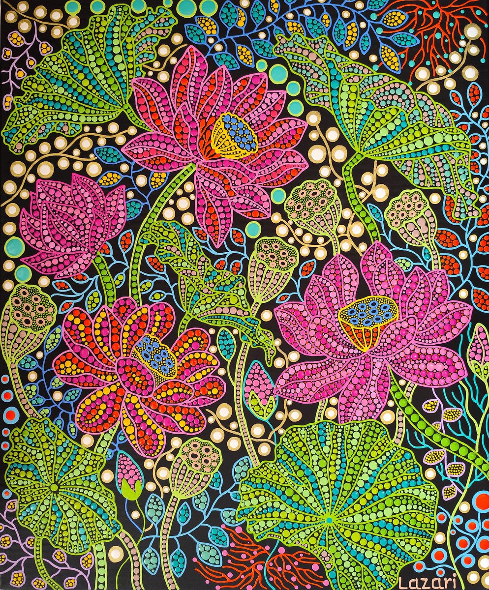 Expressive Botanical Acrylic Painting By Oxana Lazari, 20 X 24", Lotus Serenity, Original Artwork