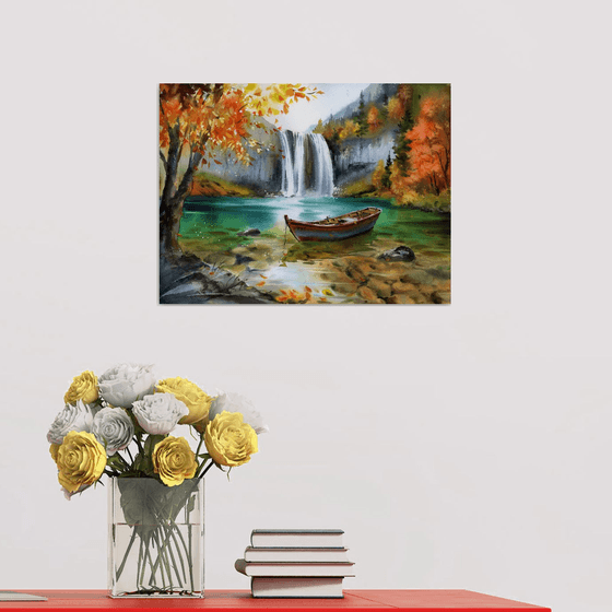 Boat Beneath Autumn’s Cascade