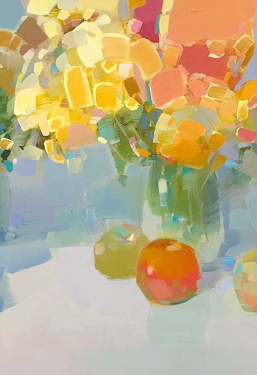 Vase of Yellow Flowers, Oil painting, One of a kind, Handmade artwork by Vahe Yeremyan
