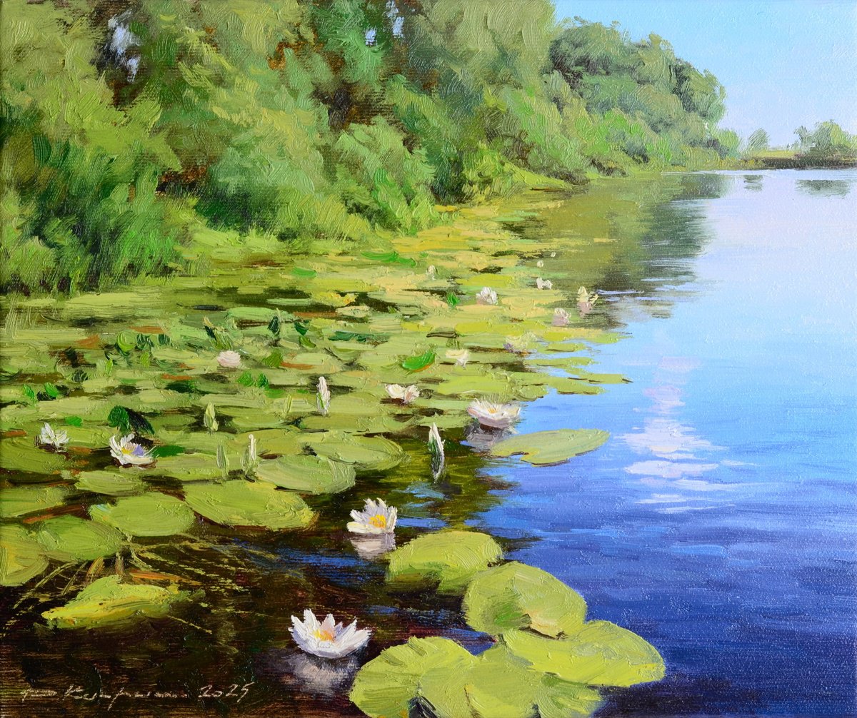 Impressionistic Landscape Oil Painting By Ruslan Kiprych, 12 X 10", River Lilies, Original Artwork